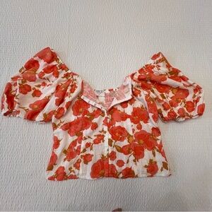 Floral Off-Shoulder Bohemian Style Top, Linen, Medium